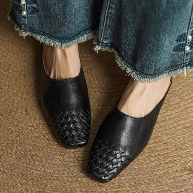 Womens Retro Woven Leather Slip-On Slippers
