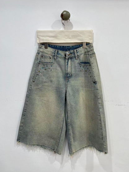 Womens Rhinestone Frayed Hem Denim Pants