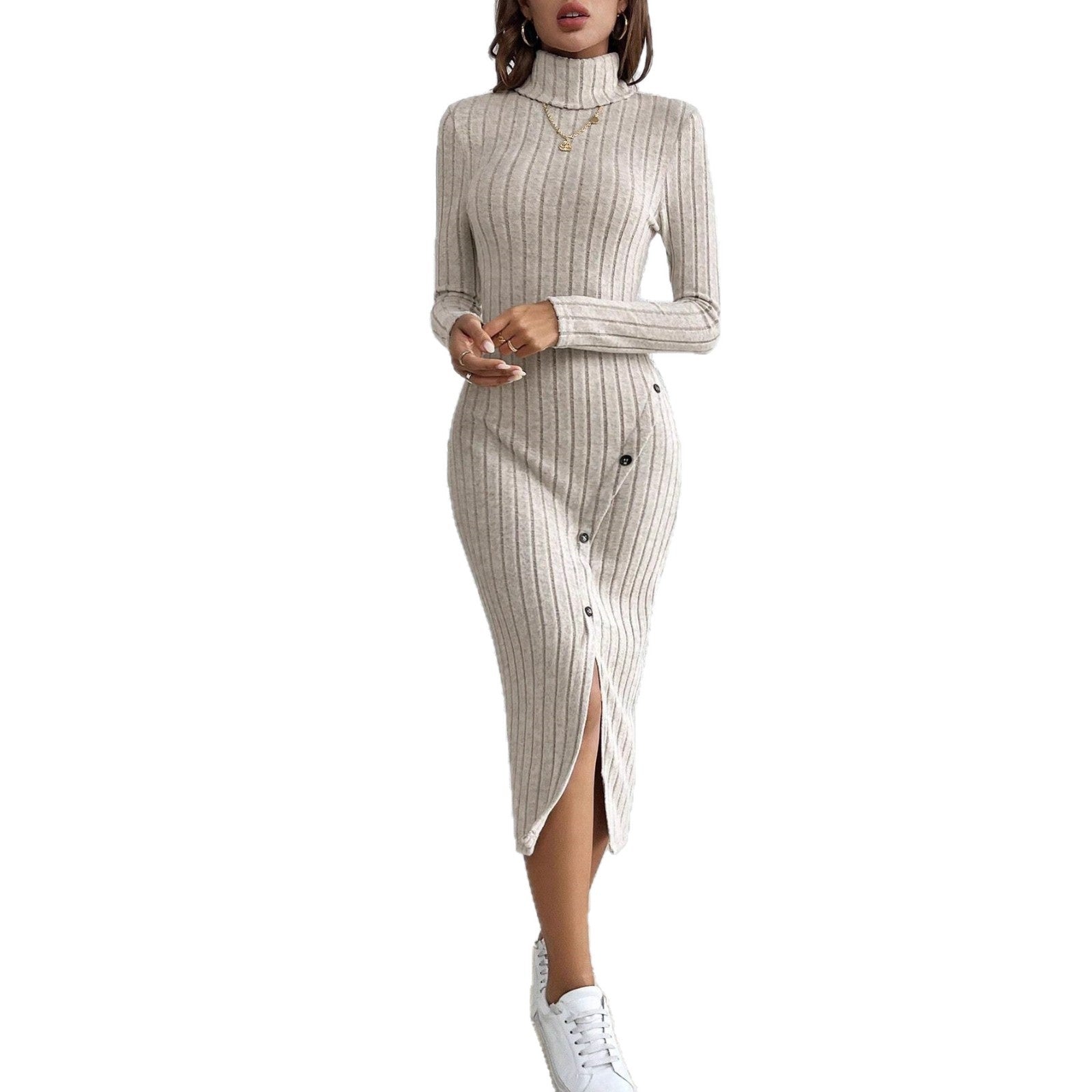 Womens Ribbed High Neck Long Sleeve Dress