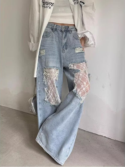 Womens Ripped Denim Wide Leg Pants