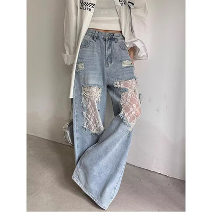 Womens Ripped Denim Wide Leg Pants