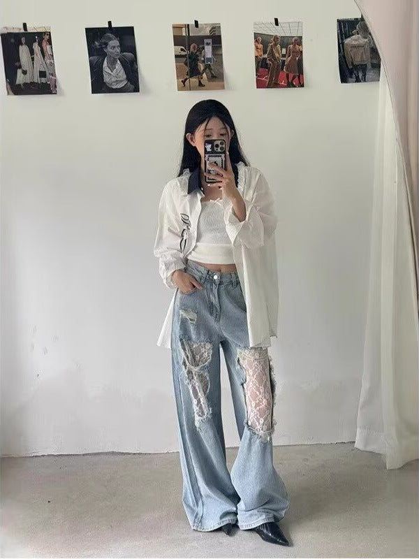 Womens Ripped Denim Wide Leg Pants