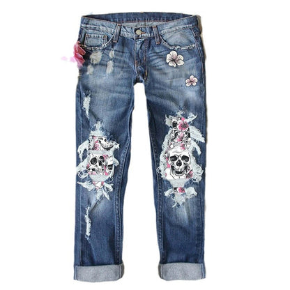 Womens Ripped Skull Print Denim Pants