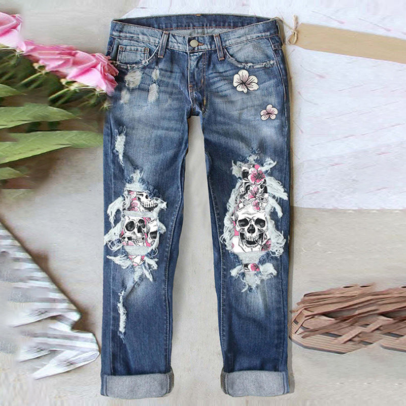 Womens Ripped Skull Print Denim Pants
