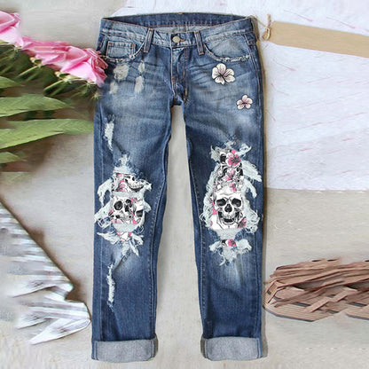 Womens Ripped Skull Print Denim Pants
