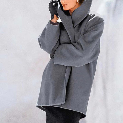 Womens Round Neck Loose Hooded Coat