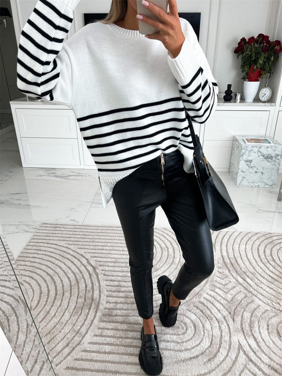 Womens Round Neck Striped Pullover Sweater