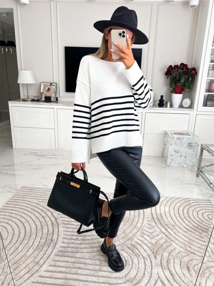 Womens Round Neck Striped Pullover Sweater