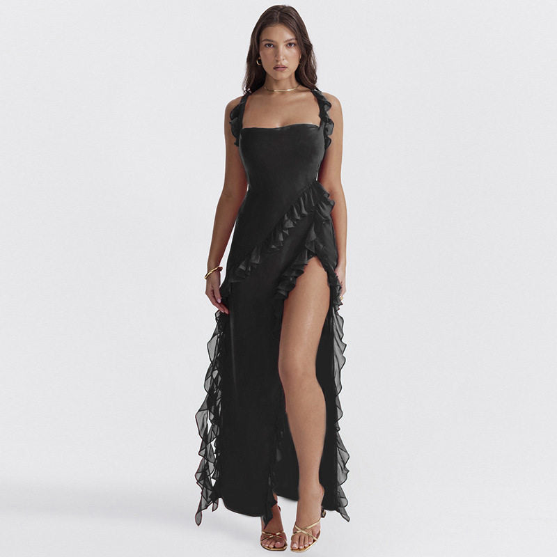 Womens Ruffle Hem Slit Dress