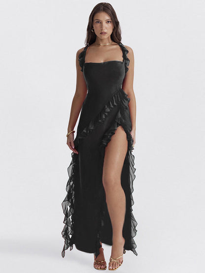 Womens Ruffle Hem Slit Dress