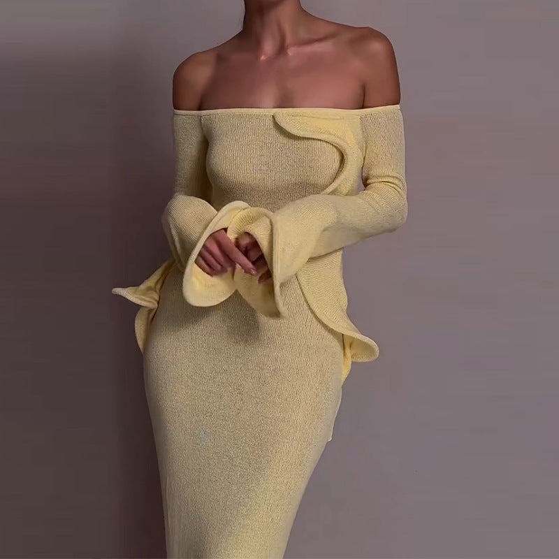 Womens Ruffle Long Sleeve Slim Dress