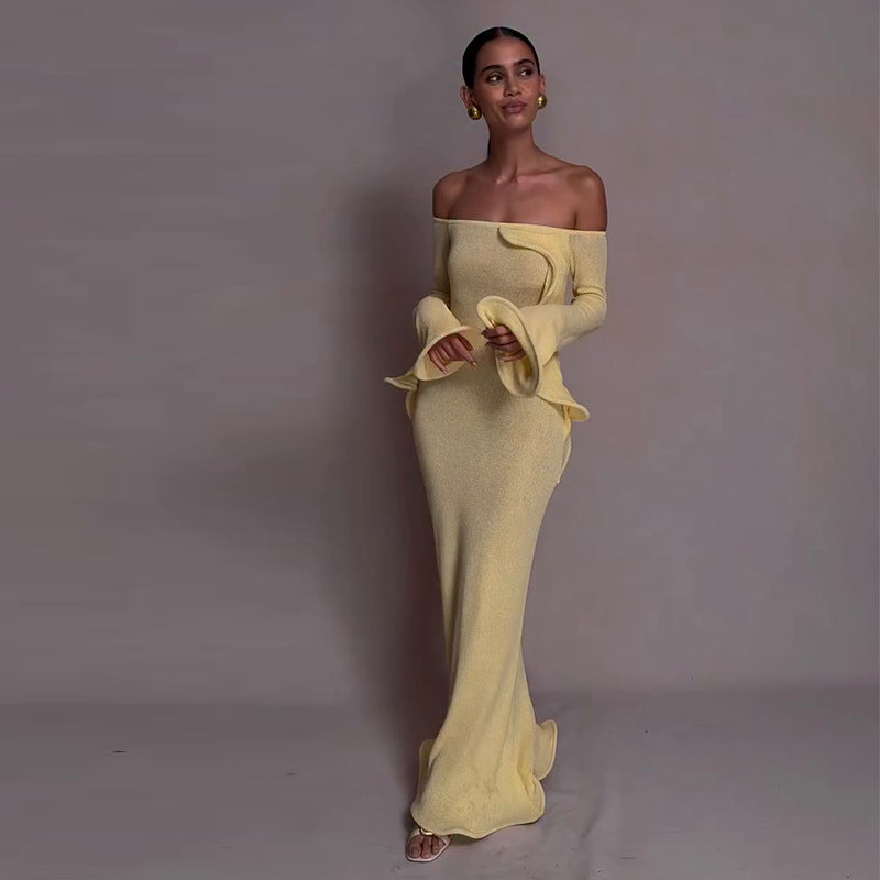 Womens Ruffle Long Sleeve Slim Dress