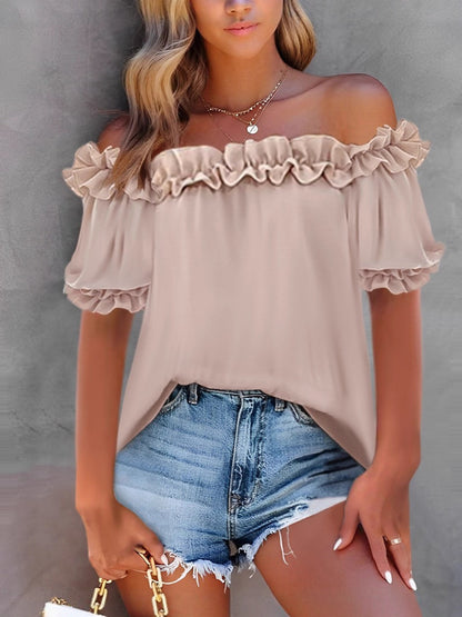 Womens Ruffle Sleeve One-Shoulder Blouse