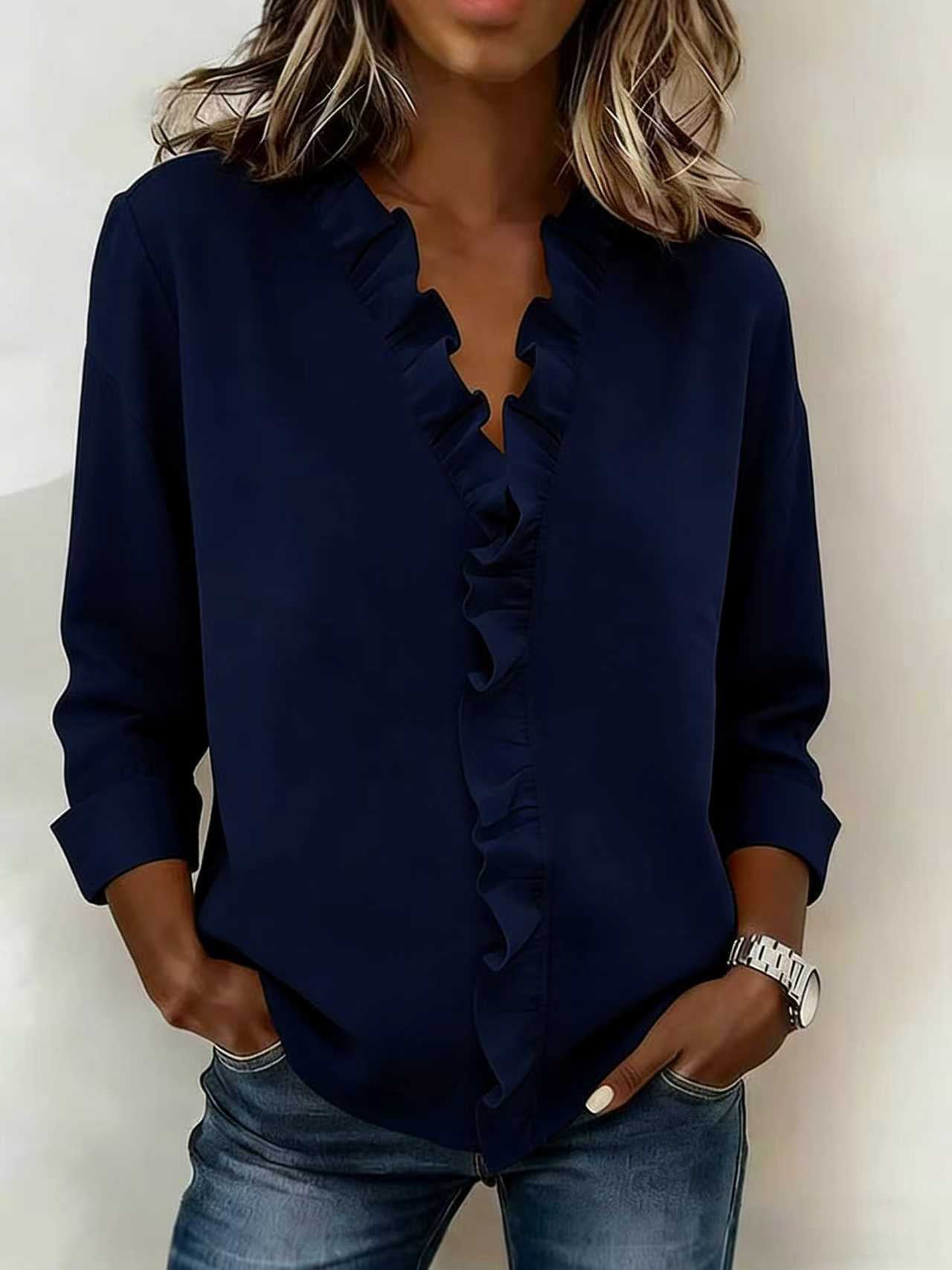 Womens Ruffled Collar Long Sleeve Blouse