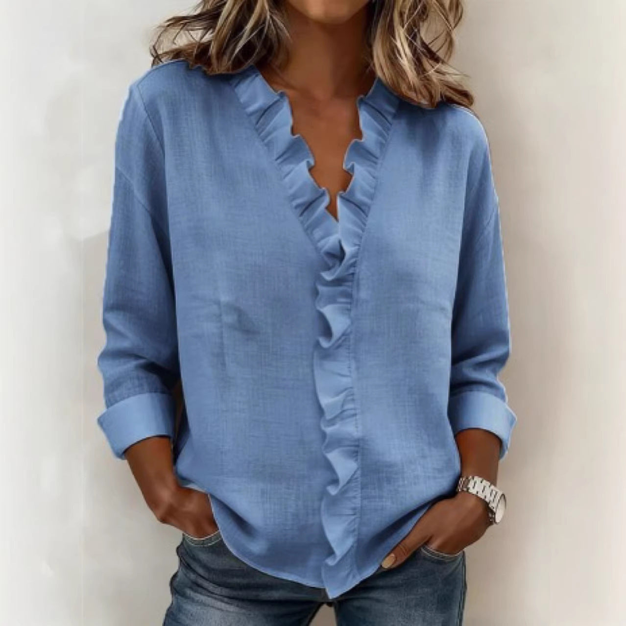 Womens Ruffled Collar Long Sleeve Blouse