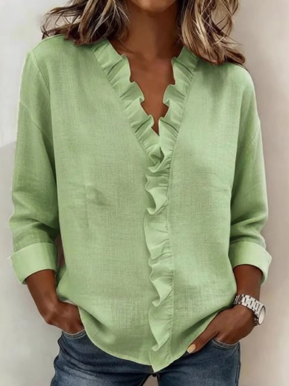 Womens Ruffled Collar Long Sleeve Blouse