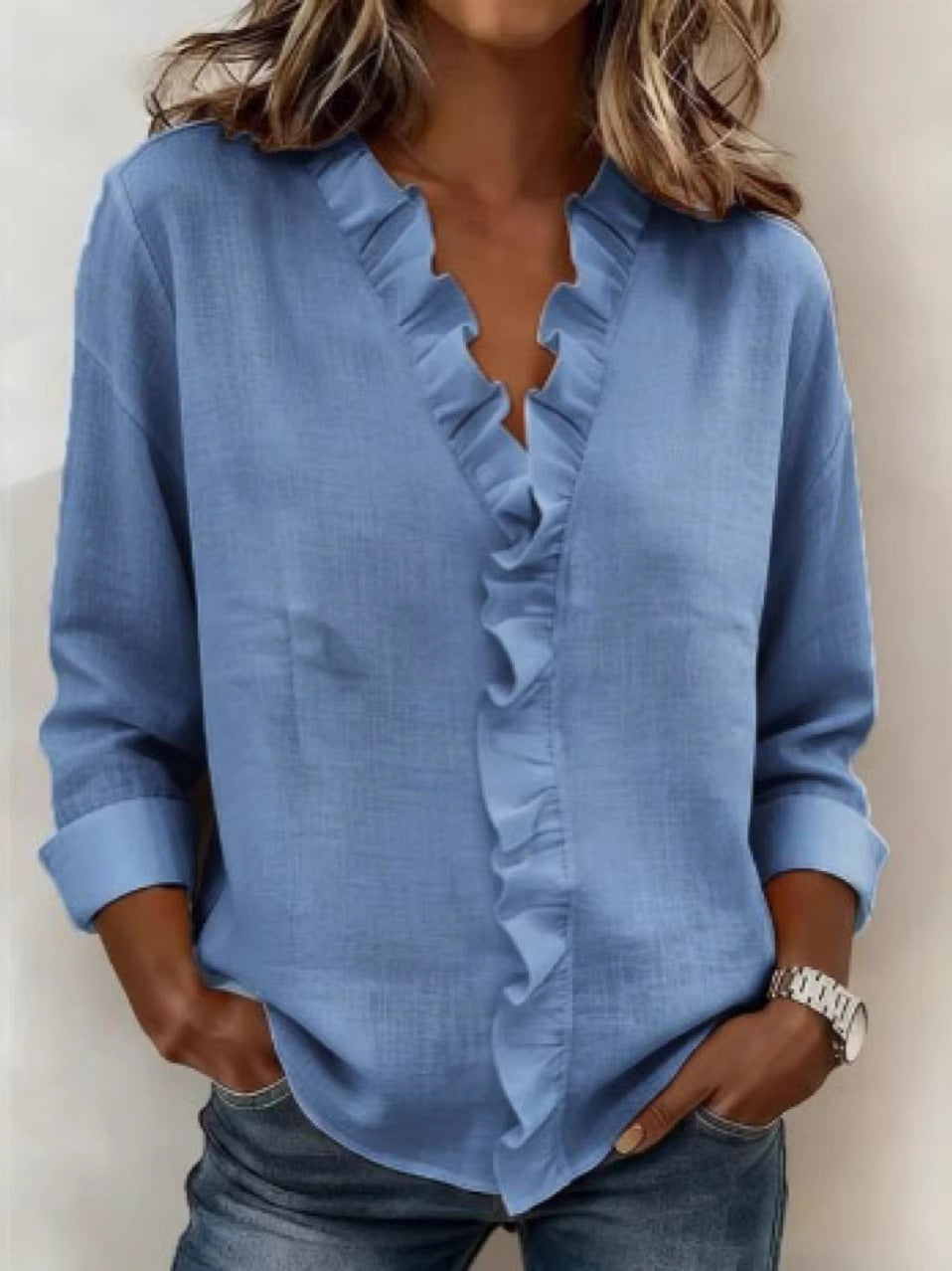 Womens Ruffled Collar Long Sleeve Blouse