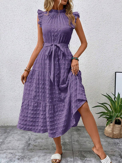 Womens Ruffled Sleeve Tie Textured Dress