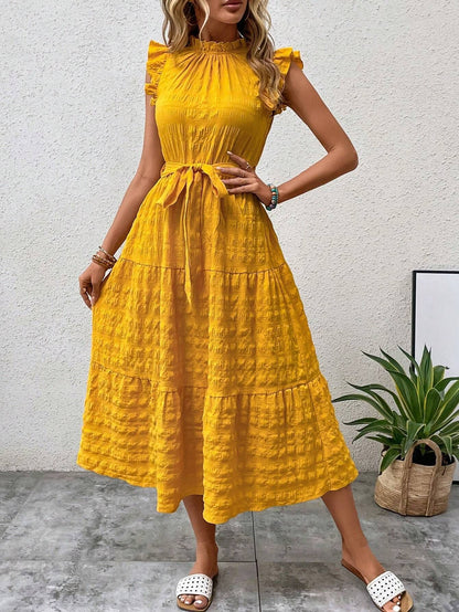 Womens Ruffled Sleeve Tie Textured Dress