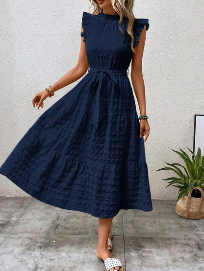 Womens Ruffled Sleeve Tie Textured Dress