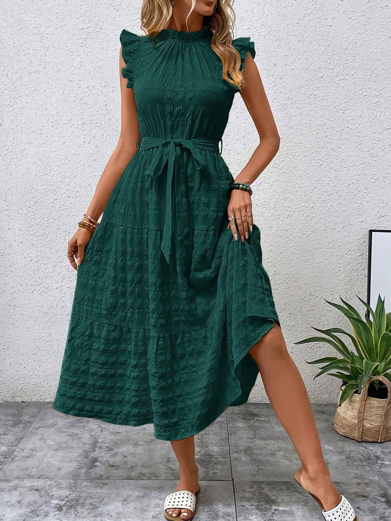 Womens Ruffled Sleeve Tie Textured Dress