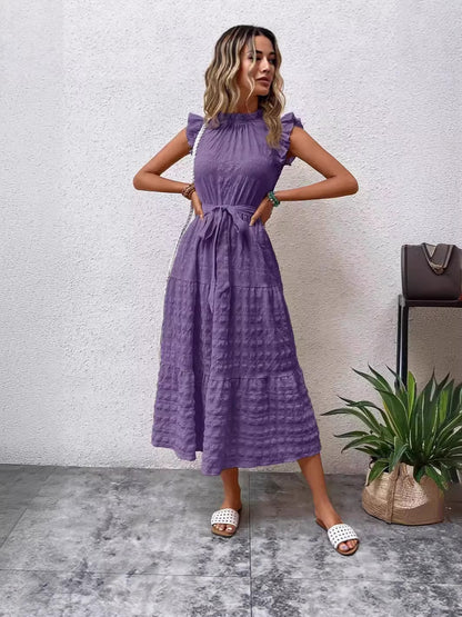 Womens Ruffled Sleeve Tie Textured Dress