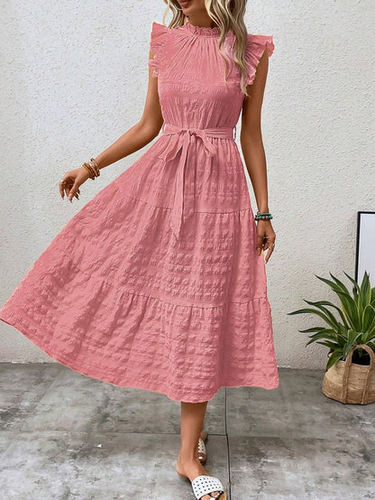 Womens Ruffled Sleeve Tie Textured Dress