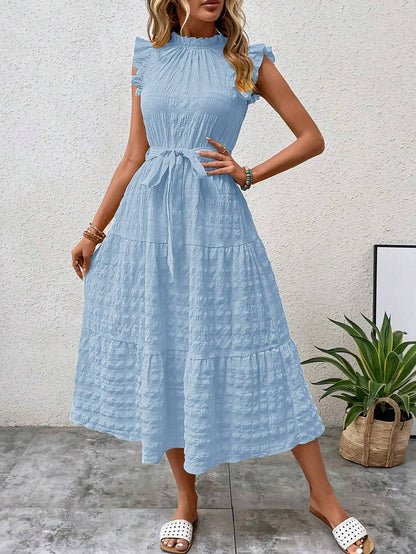 Womens Ruffled Sleeve Tie Textured Dress