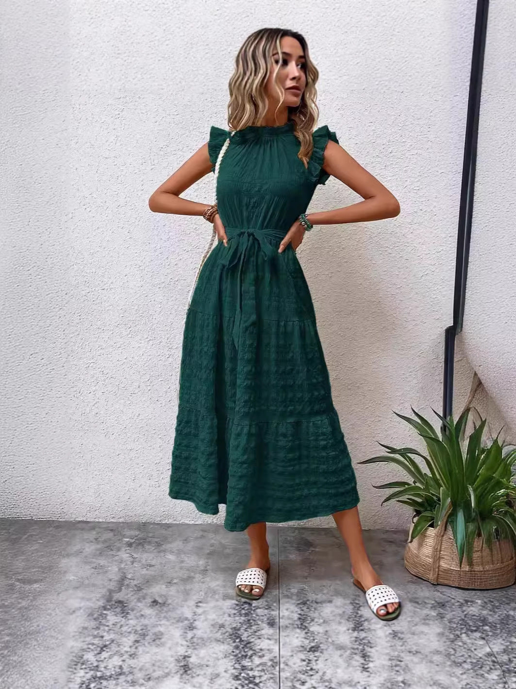 Womens Ruffled Sleeve Tie Textured Dress