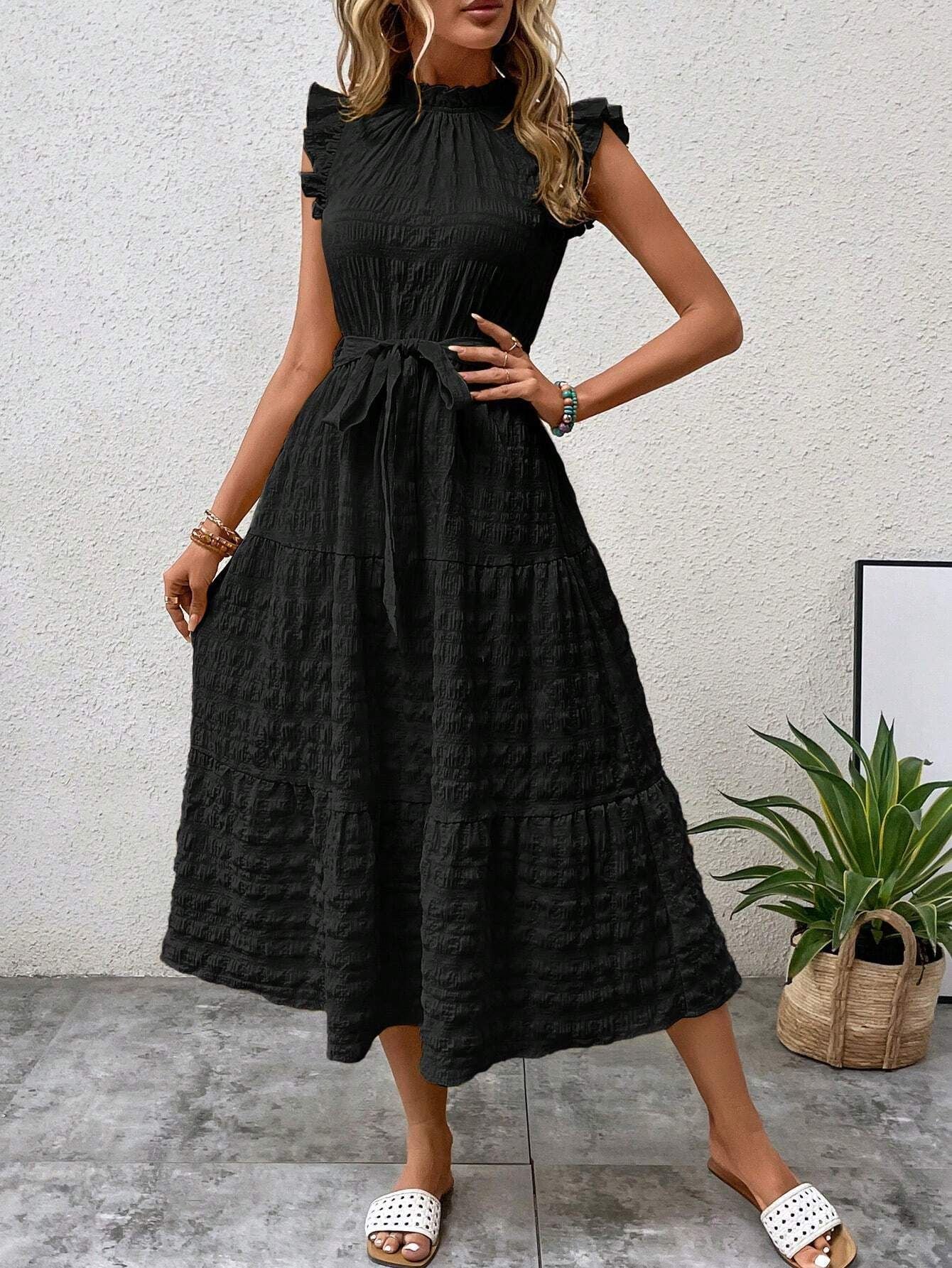 Womens Ruffled Sleeve Tie Textured Dress