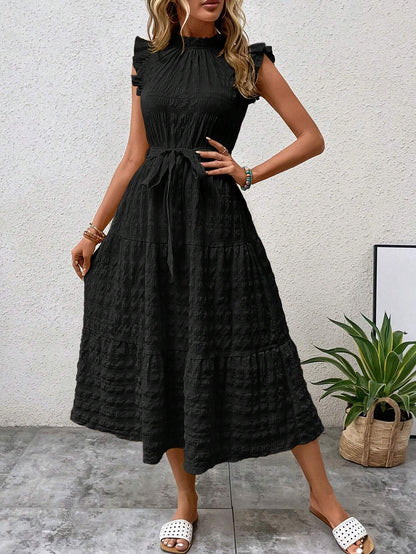Womens Ruffled Sleeve Tie Textured Dress