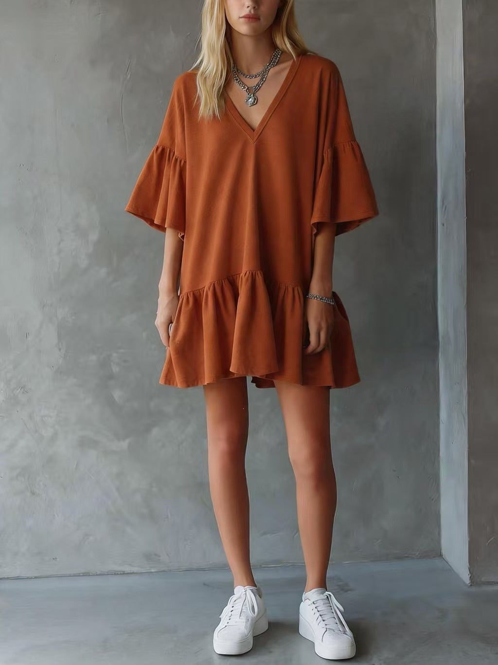Womens Ruffled V-Neck Summer Dress