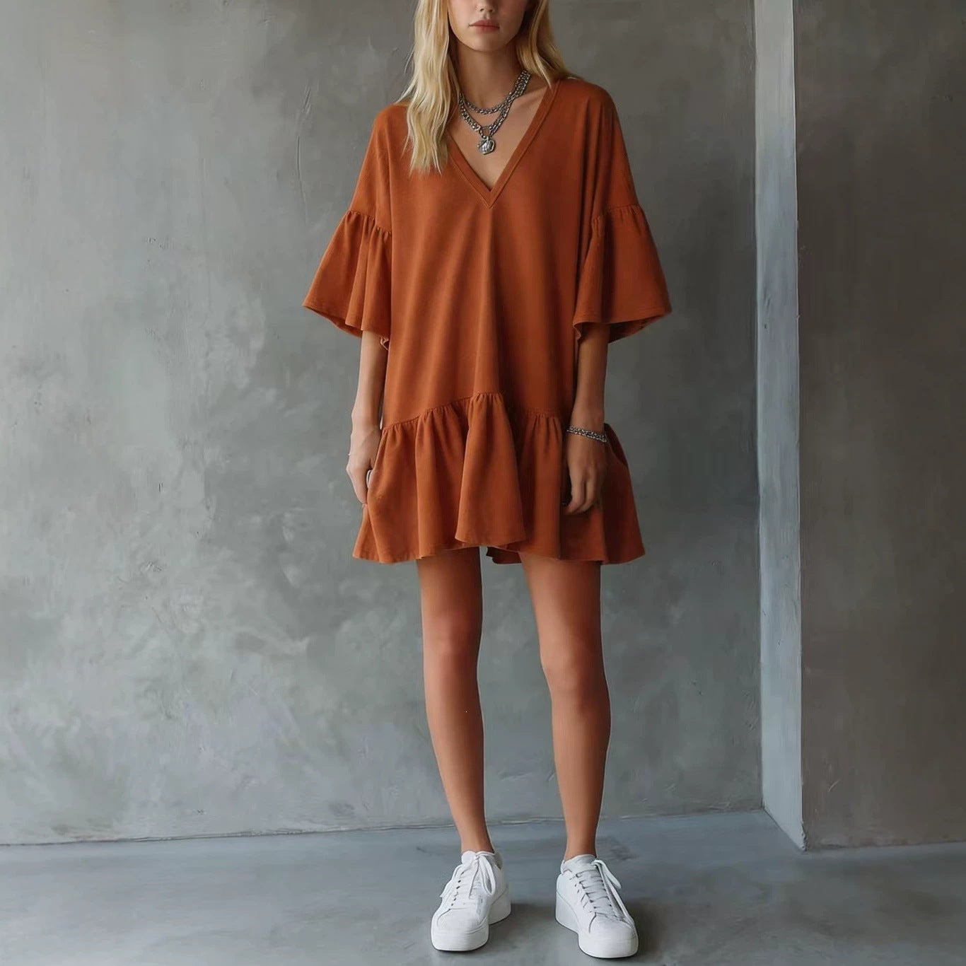Womens Ruffled V-Neck Summer Dress