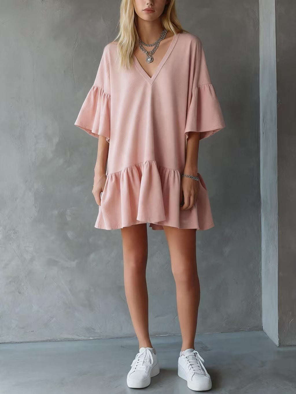 Womens Ruffled V-Neck Summer Dress