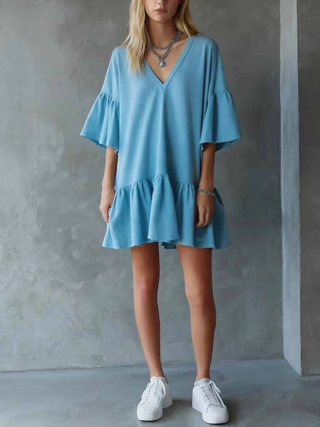 Womens Ruffled V-Neck Summer Dress