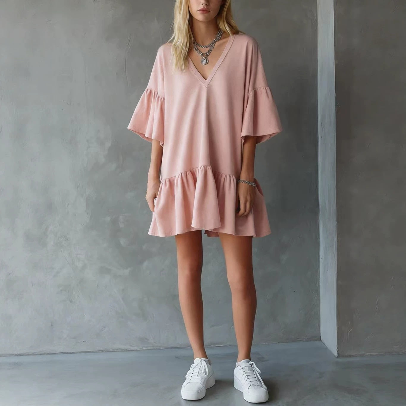 Womens Ruffled V-Neck Summer Dress