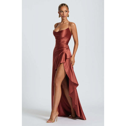Womens Satin Spaghetti Strap Dress with Ruffles