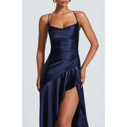 Womens Satin Spaghetti Strap Dress with Ruffles