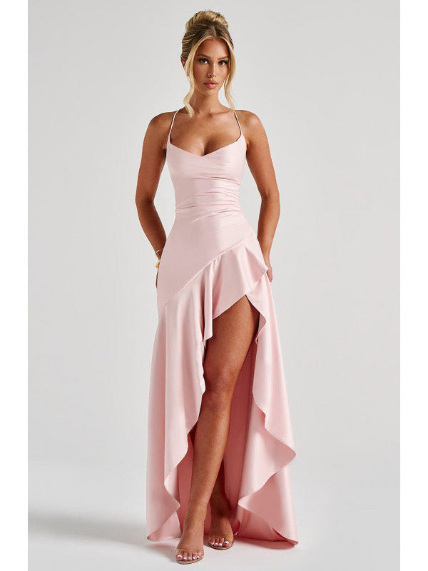 Womens Satin Spaghetti Strap Dress with Ruffles