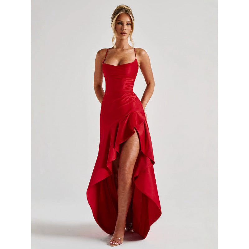 Womens Satin Spaghetti Strap Dress with Ruffles
