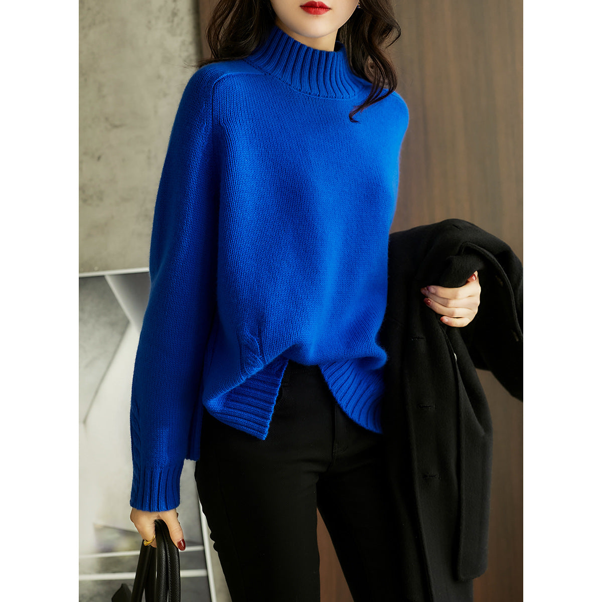 Womens Semi-high Neck Knitted Sweater