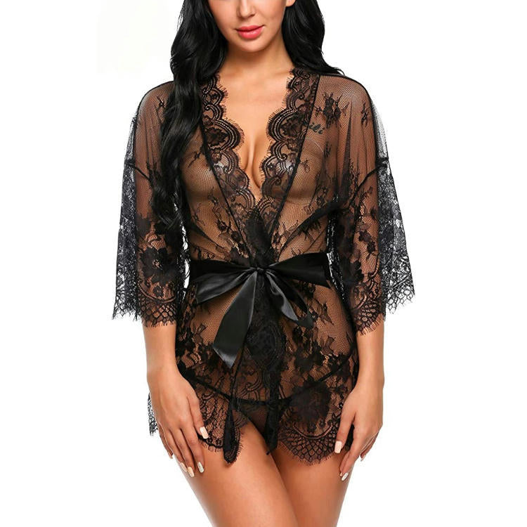 Womens Sensual Lace Kimono Robe with G-String