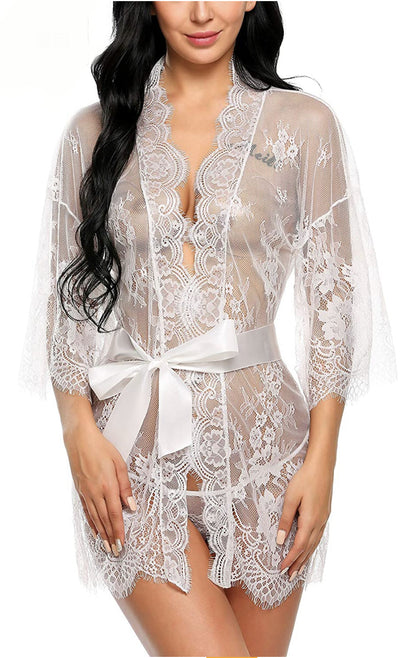 Womens Sensual Lace Kimono Robe with G-String