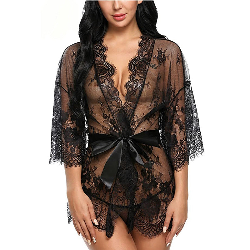 Womens Sensual Lace Kimono Robe with G-String