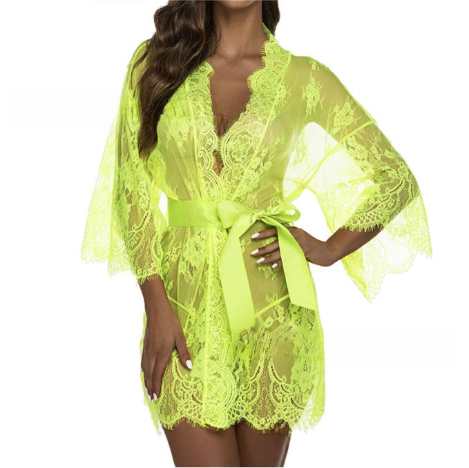 Womens Sensual Lace Kimono Robe with G-String