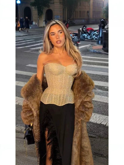 Womens Sequined Tube Top with Built-in Bra