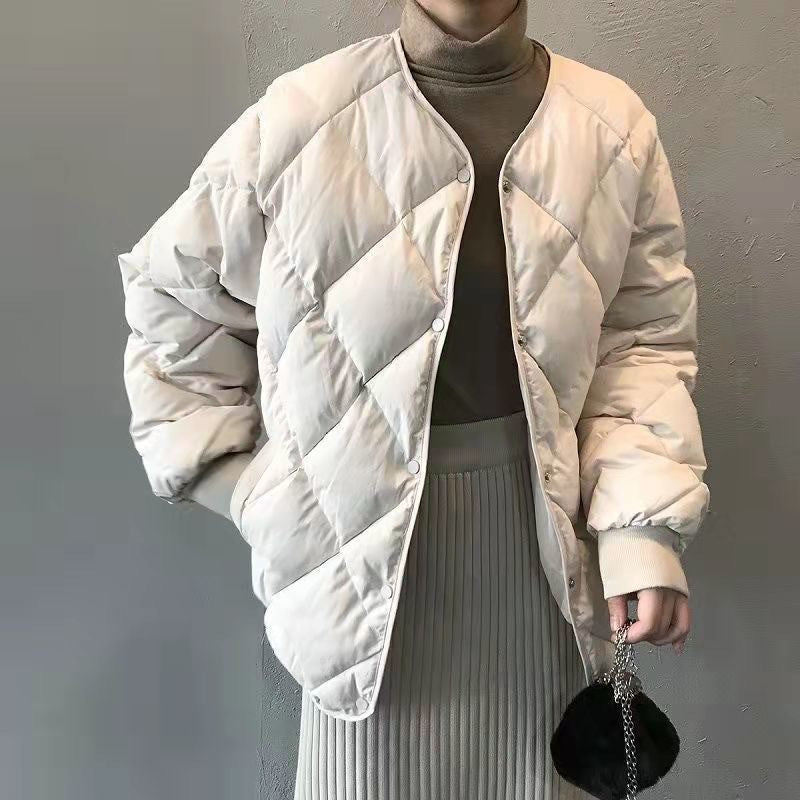Womens Short Padded Jacket Loose Fit Diamond Pattern