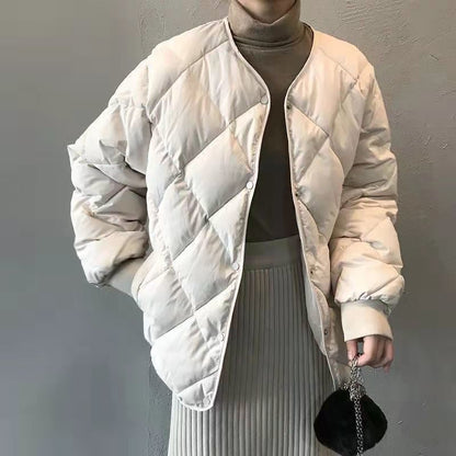 Womens Short Padded Jacket Loose Fit Diamond Pattern