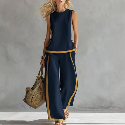 Womens Sleeveless Color Block Two Piece Wide Leg Pants Set Summer Casual Outfit