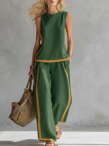 Womens Sleeveless Color Block Two Piece Wide Leg Pants Set Summer Casual Outfit